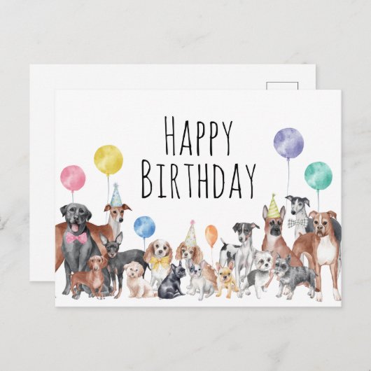 かわいい カラフルな 犬の 誕生日おめでとう ポストカード (正面/裏面)