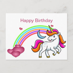 かわいい，カラフルユニコーン，虹，ハート,誕生日 ポストカード