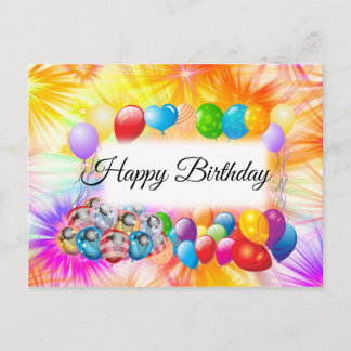 かわいい，カラフル花火，風船，誕生日 ポストカード