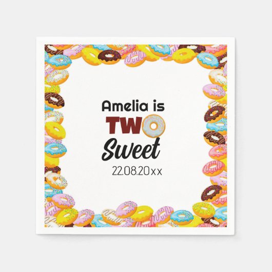 かわいい&カラフル2つのスイートドーナツ2nd誕生日の女の子 スタンダードカクテルナプキン (正面)