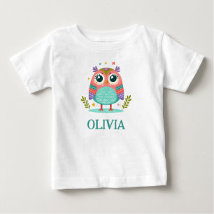 かわいい カラフル な ふわふわした ベイビー フクロウ ベビーTシャツ