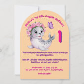 かわいい カラフル フラワー シー ライオン 女の子らしい 子供の誕生日 招待状 (正面)