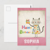 かわいい カラフル ヴィンテージ ネコ ハッピーバースデー ポストカード (正面/裏面)