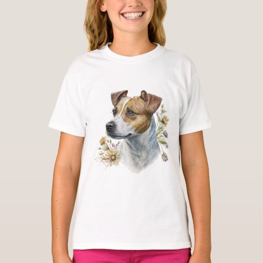 かわいい カラフル 水彩 花柄 ジャック・ラッセル・テリア Tシャツ (正面)