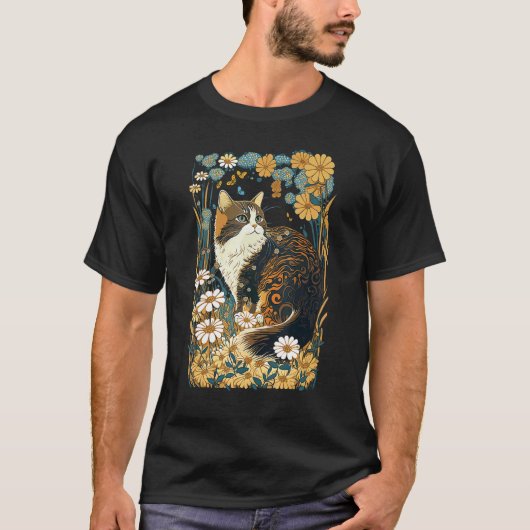 かわいい カントリーロア 猫 花 ちょうちょ Tシャツ (正面)