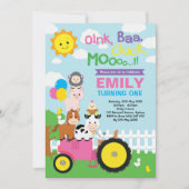 かわいい＆ガーリーな農場の誕生日パーティー動物たち 招待状 (正面)