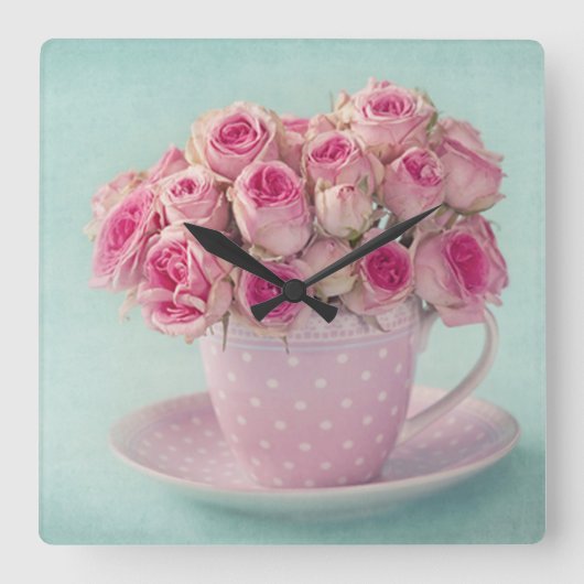 かわいい,ガーリーみすぼらしい,シック,ヴィンテージ,バラ,ピンク,おもしろい,ハップ スクエア壁時計 (正面)