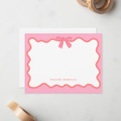 かわいい ガーリー ピンクの リボン 曲線 ボーダー ノートカード (正面/裏面インサイチュ)