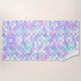 かわいい ガーリー ピンク パープル マーメイド スケール モノグラム ビーチタオル