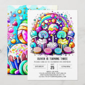 かわいい キャンディー スイート チョコレート バースデー 招待状 (正面/裏面)