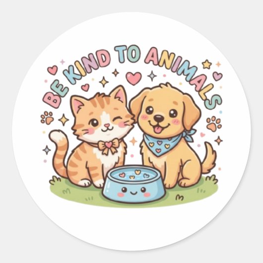 かわいい+キュート+動物に優しく+猫+ステッカー ラウンドシール (正面)