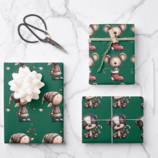 かわいい クリスマス カートゥーン 動物 エルフ 冬 ラッピングペーパーシート