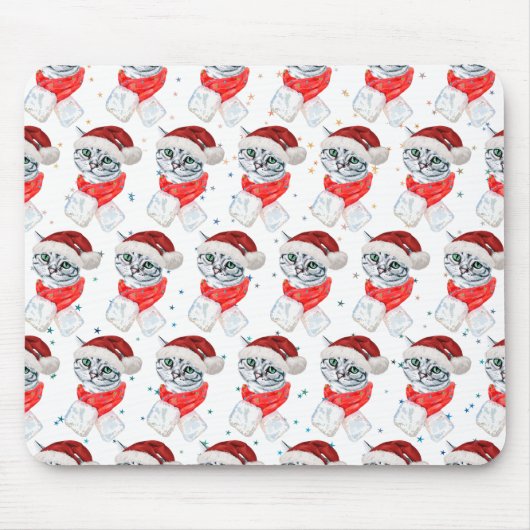 かわいい クリスマス グレー タビー 猫 水彩画 マウスパッド (正面)