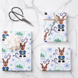 かわいい クリスマス ブルー トナカイ ラッピングペーパーシート