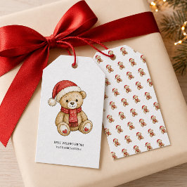 かわいい クリスマス 水彩 赤いテディベア ギフトタグ
