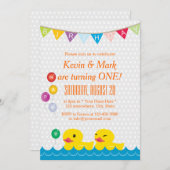 かわいい ゴム 鴨の双子 ポルカドット 誕生日パーティー 招待状 (正面/裏面)