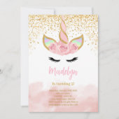 かわいい ゴールド グリッター ユニコーン 誕生日 招待状 (正面)