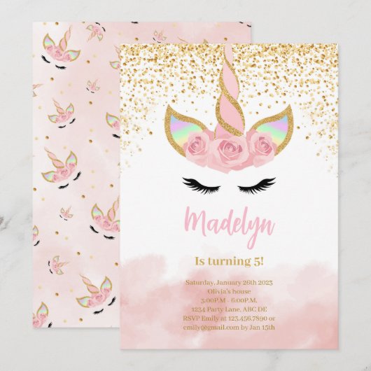 かわいい ゴールド グリッター ユニコーン 誕生日 招待状 (正面/裏面)