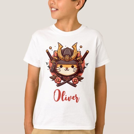 かわいい サムライ 猫 パーソナライズド  Tシャツ (正面)