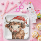 かわいい。サンタ・ハット・ホワイトのハイランド牛 ペーパープレート (パーティー)