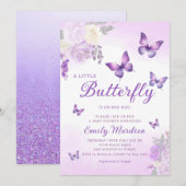 かわいい シック パープル フラワー バタフライ ガール ベビーシャワー 招待状 (正面/裏面)