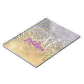 かわいい シルバー ゴールド グリッター 星のモノグラム ノートブック (左側)