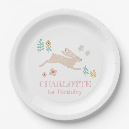 かわいい スイート ウサギ 動物 1歳の誕生日パーティー ペーパープレート (正面)