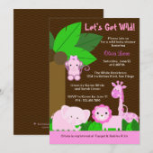 かわいい スイート ジャングル 動物 赤ちゃん 女の子 ベビーシャワー 招待状 (正面/裏面)