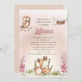 かわいい スウィート リトル ガール 森の動物 シカ フクロウ 招待状 (正面/裏面)