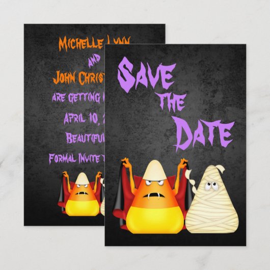 かわいい&スパイシーなキャンディコーンカップル ハロウィンウェディング セーブザデート (正面/裏面)