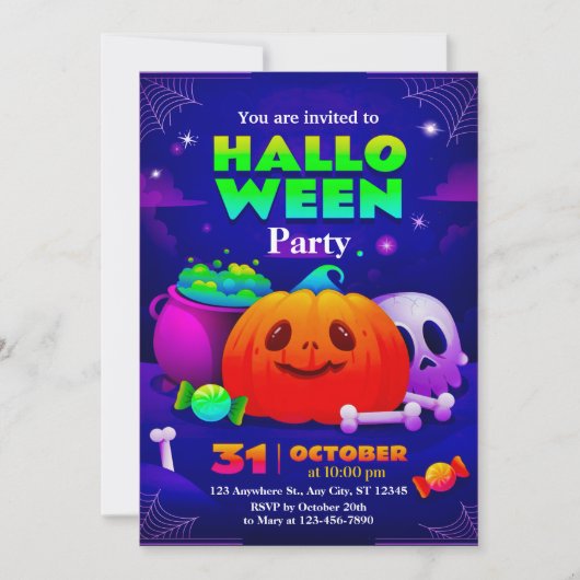 かわいい＆スプーキーなハロウィンパーティーの子供たちへの招待状 招待状 (正面)