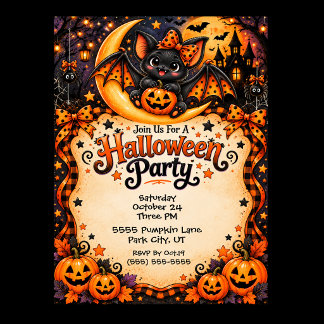かわいい&スプーキーコウモリのハロウィンパーティー 招待状