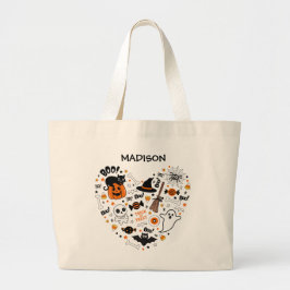 かわいい スプーキーハロウィン ブラックオレンジ ラージトートバッグ