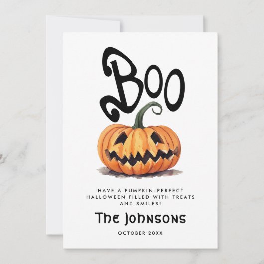 かわいい スプーキーブー ハロウィン オレンジ カービングされたパンプキン シーズンカード (正面)