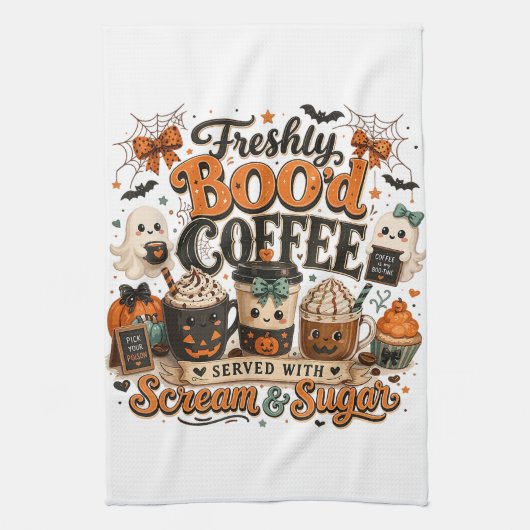 かわいい スプーキー ゴースト コーヒー好き ハロウィン キッチンタオル (縦)
