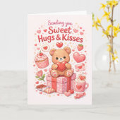 かわいい テディベア スイートハグ&キス グリーティングカード (黄色い花)