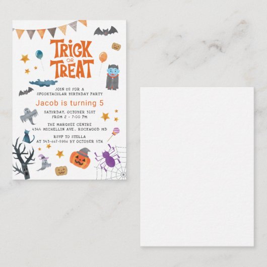 かわいい トリック・オア・トリート ハロウィン ５歳の誕生日パーティー ノートカード (正面/裏面)