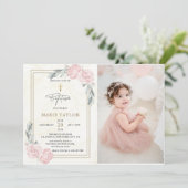 かわいい ニュートラル 水彩 花 モチーフ 洗礼 フォト 招待状 (スタンド正面)