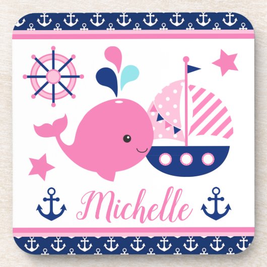 かわいい ネイビー ピンク クジラとアンカーの柄 コースター (正面)