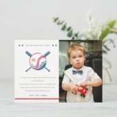 かわいい ネイビー 赤 野球 子供 写真 誕生日 サンキューカード (スタンド正面)