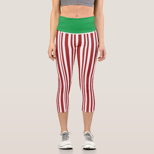 かわいい！ハイウェイストキャプリス – 赤と白グリーン カプリレギンス (正面)