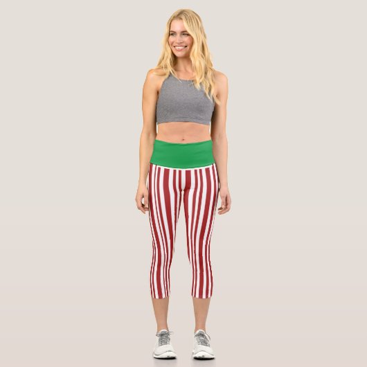かわいい！ハイウェイストキャプリス – 赤と白グリーン カプリレギンス (正面)