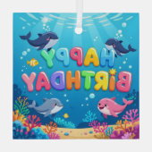 かわいい ハッピーバースデー 水上イルカ ガラスオーナメント (裏面)