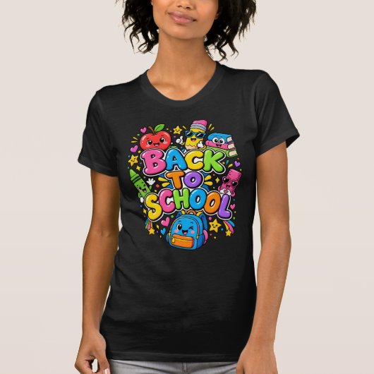 かわいい バックトゥスクール カートゥーン 楽しい Tシャツ (正面)