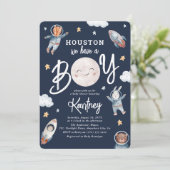 かわいい「ヒューストン、ボーイだよ」宇宙ベビーシャワー 招待状 (スタンド正面)