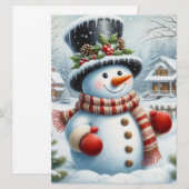 かわいい、ビンテージ/ファンタジーなクリスマス/冬の雪だるま シーズンカード (正面/裏面)