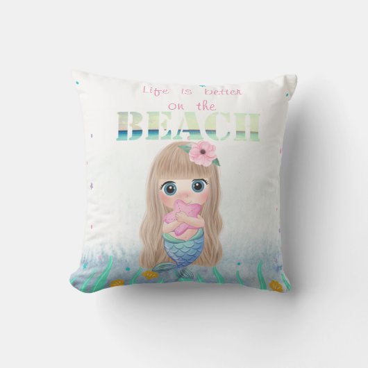 かわいい ビーチ 貝 赤ちゃん 人魚 クッション (正面)