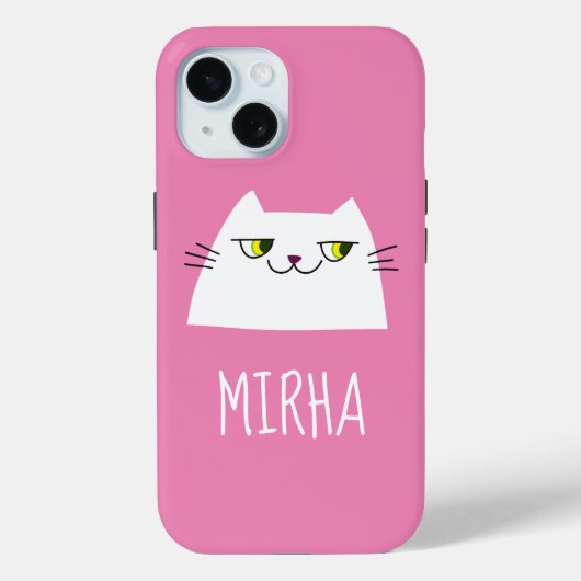 かわいい ピンク 白 猫 iPhone カスタムネーム カバー (裏面)