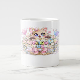 かわいい+フォロワー募集中+猫+パステルピンク+ソーシャルメディア ジャンボコーヒーマグカップ
