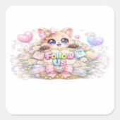 かわいい+フォロワー募集中+猫+パステルピンク+ソーシャルメディア スクエアシール (正面)